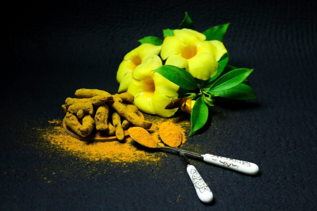Turmeric flower, rolls, and powder