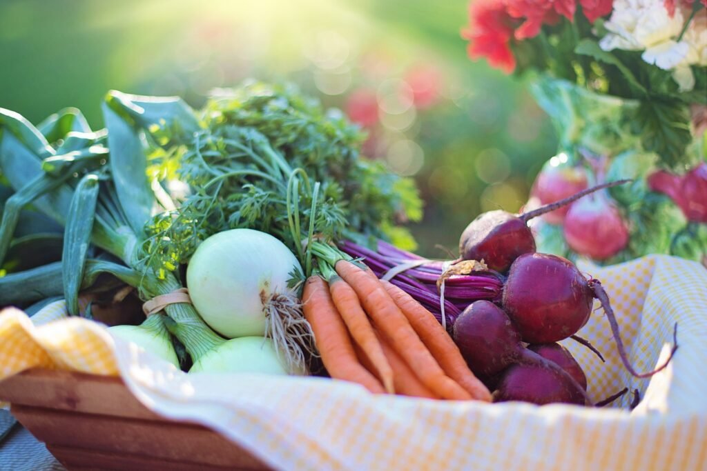 Basket filled with fruits and Beets